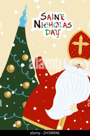 Biglietto di auguri per il giorno di San Nicola. Sinterklaas. Vacanza religiosa invernale. San Nicola o Mikulas. Illustrazione Vettoriale