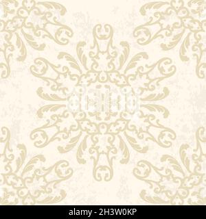 Elegante sfondo beige in ornamento circolare e grunge. Stampa vintage senza cuciture con motivo damask. Per tessuti, carta da parati, piastrelle o imballaggi. Illustrazione Vettoriale