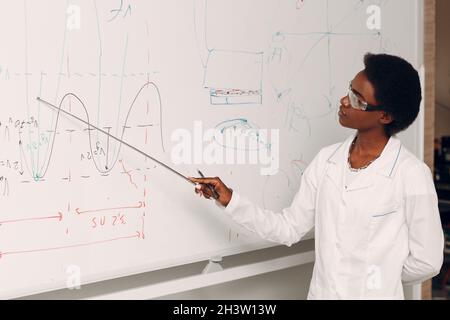 L'insegnante di matematica della donna afroamericana sta alla lavagna con puntatore Foto Stock