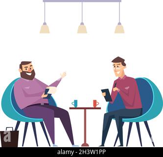 Colleghi in pausa caffè. Gli uomini d'affari bevono bevande calde e parlano di concetto di vettore di lavoro Illustrazione Vettoriale