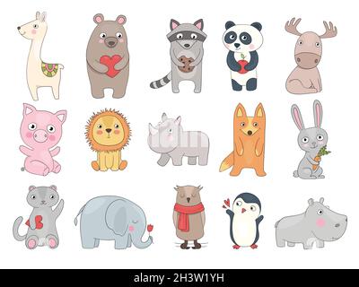 Animali disegnati. Carino illustrazione di divertente animali selvatici orsacchiotto coccodrillo giocattoli per bambini set vettoriale Illustrazione Vettoriale