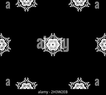 Ornamenti circolari astratti su sfondo nero, motivo senza giunture. Bianco e nero. Per tessuti, carta da parati, piastrelle o imballaggi. Illustrazione Vettoriale