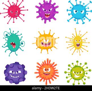 Facce del virus. Personaggi medici batteri mascotte sorridente virus patogeno mostro set vettore esatto Illustrazione Vettoriale
