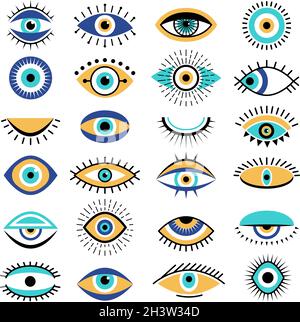 Simboli degli occhi malvagi. Tatuaggio degli illuminati disegno grafico hipster etnico tradizionale immagini vettoriali Illustrazione Vettoriale