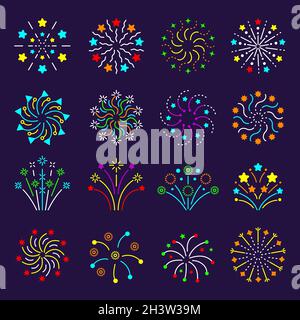 Fuochi d'artificio piatti. Celebrazione burst stelle intrattenimento compleanno regalo simboli recenti vettore fuochi d'artificio icone collezione Illustrazione Vettoriale