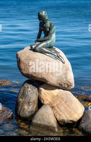 Vista della statua della Sirenetta sulla Langelinie Promenade nel porto di Copenhagen Foto Stock