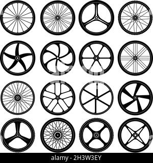 Ruote per bicicletta. Pneumatici silhouette ruote per bicicletta con raggi metallici collezione di simboli vettoriali Illustrazione Vettoriale