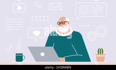 L'uomo anziano studia e insegna tecnologie moderne utilizzando un notebook. Un nonno sorridente positivamente siede ad un calcolatore, comunica sul Internet Illustrazione Vettoriale