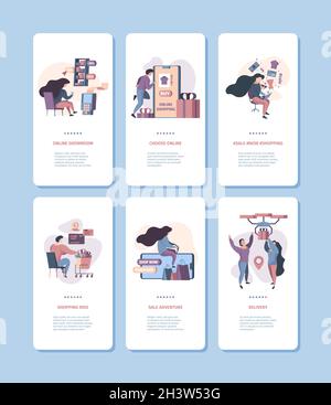 E-commerce a bordo banner. Illustrazioni dello schermo dello smartphone digitale online Retail People Buyers modelli vettoriali Illustrazione Vettoriale