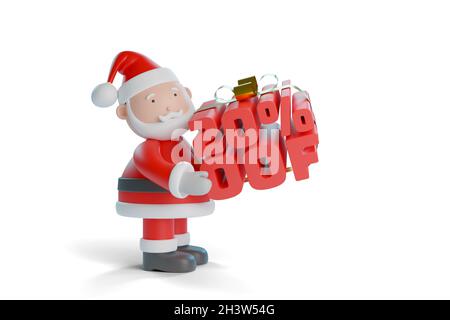 Cartoon Babbo Natale che porta il 20 per cento di sconto testo isolato su sfondo bianco. Concetto di Natale. illustrazione 3d. Foto Stock