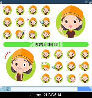 Un set di fast food clerk donna con esprime varie emozioni in formato icona.IT è arte vettoriale così facile da modificare. Illustrazione Vettoriale