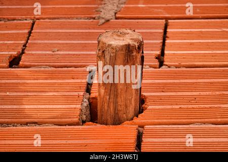 Tronchi di legno sul muro di mattoni Foto Stock
