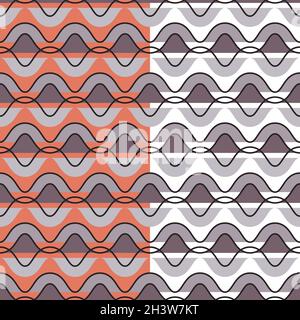 Motivo ondulato geometrico senza cuciture, stile retrò di 70 anni, strisce orizzontali a zig-zag, tavolozza di colori grigio lilla. Sfondo a colori rosso o bianco facilmente modificabile Illustrazione Vettoriale