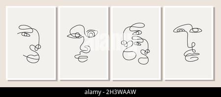 Un poster con un uomo disegnato a una linea in uno stile minimalista ed elegante. Volto astratto di donna e uomo. Set di silhouette di persone. Illustrazione vettoriale Illustrazione Vettoriale