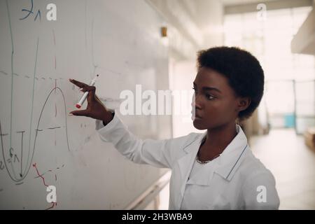 L'insegnante di matematica della donna afroamericana si trova in una lavagna con pennarello Foto Stock