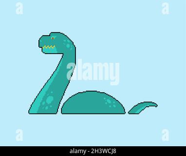 Loch Ness Monster pixel art pixelated Nessie isolato. Animale mostruoso a 8 bit Illustrazione Vettoriale