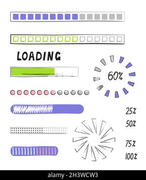 Caricamento dello stile vettoriale della barra di avanzamento in stile doodle. Icone della barra del cerchio di avanzamento aggiornate. Pulsante caricatore. Carica barra di avanzamento per UI. Stato di caricamento collectio Illustrazione Vettoriale