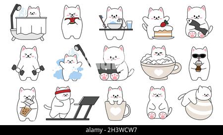 Collezione di diversi simpatici gatti su sfondo bianco. Kawaii set di divertenti personaggi animalier design in stile cartone animato. PET Cat. Adesivi per bambini Illustrazione Vettoriale