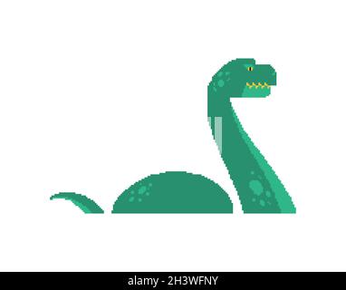 Loch Ness Monster pixel art pixelated Nessie isolato. Animale mostruoso a 8 bit Illustrazione Vettoriale