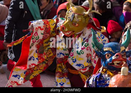 Maschera danza eseguita da un monaco buddista. Monastero di Spituk, Ladakh Foto Stock