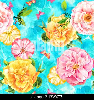 Modello senza cuciture con acquerello Rose e farfalle sul turchese Foto Stock