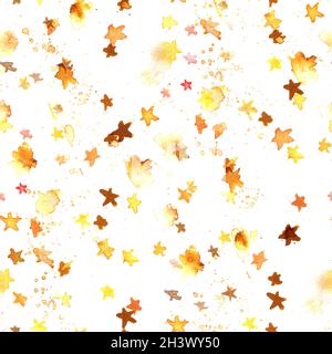 Un motivo senza giunture con stelle astratte color acquerello giallo dorato su sfondo bianco Foto Stock