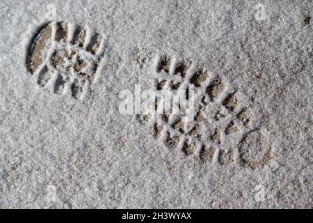 Impronte sulla neve appena caduta. Foto Stock