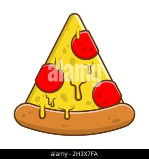 Pizza con logo Pepperoni. Versare il formaggio giallo su una fetta di pizza con un'icona di peperoni o di pomodoro. Illustrazione del vettore di fast food. Illustrazione Vettoriale