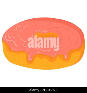 Illustrazione cartoon con ciambella in smalto rosa. Grafica vettoriale disegnata a mano. Unico cibo isolato art. Illustrazione Vettoriale