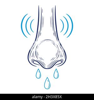 Rinite umida runny naso, allergia contorno icona. Raffreddore e influenza, coronavirus malattia respiratoria infezione sintomo. Gocce di snot. Vettore di reazione allergica Illustrazione Vettoriale