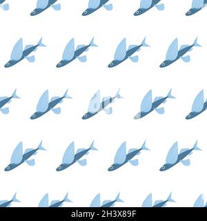 Animale marino senza giunture con pesce volante. Gli habitat sottomarini del mondo stampano. Illustrazione del vettore di vita subacqueo disegnata a mano. Divertente personaggio di animali marini cartoon per tessuto capretto, tessile. Illustrazione Vettoriale