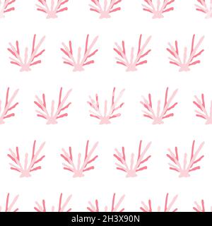 Animale marino senza cuciture con corallo rosa. Gli habitat sottomarini del mondo stampano. Illustrazione del vettore di vita subacqueo disegnata a mano. Divertente personaggio di animali marini cartoon per tessuto capretto, tessile. Illustrazione Vettoriale