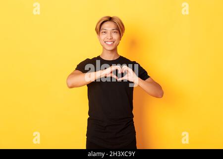 Ritratto di bel bell'uomo biondo asiatico, che mostra il gesto del cuore e sorridente, in piedi sfondo giallo Foto Stock