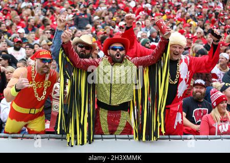 Madison, WISCONSIN, Stati Uniti. 30 Ott 2021. Gli appassionati di wrestling si vestono durante la partita di football dell'NCAA tra gli Iowa Hawkeyes e i distintivi del Wisconsin al Camp Randall Stadium di Madison, WISCONSIN. Darren Lee/CSM/Alamy Live News Foto Stock