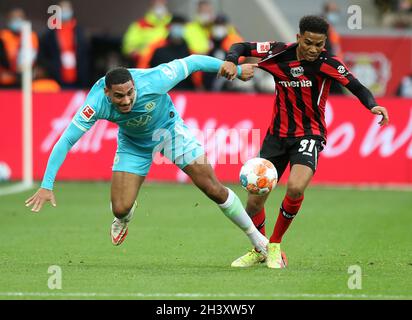 Leverkusen, Germania. 30 Ott 2021. Amine Adli di Bayer 04 Leverkusen, (a destra ), e Maxence Lacroix di Wolfsburg sono visti in azione durante la partita di calcio Bundesliga tra Bayer Leverkusen e Wolfsburg allo stadio BayArena di Leverkusen( Partitura finale; Bayer Leverkusen 0:2 Wolfsburg) credito: SOPA Images Limited/Alamy Live News Foto Stock