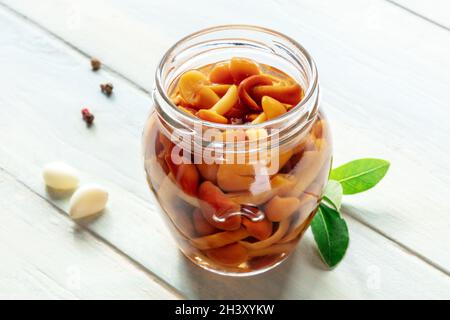 Funghi sottaceto in un vaso di vetro con aglio, pepe e una foglia di alloro Foto Stock