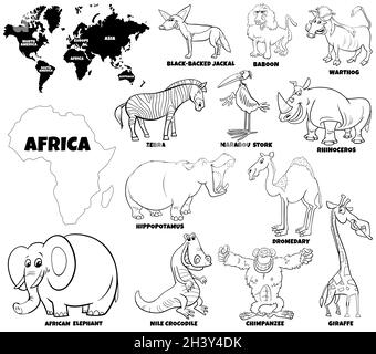 Cartoon African Animals set coloring book page Foto Stock