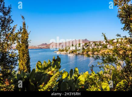 Costa egea con meravigliose acque blu, ricca natura, isole, montagne e piccole case bianche Foto Stock