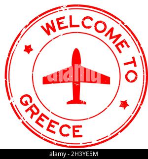 Grunge rosso benvenuto in Grecia parola con icona aeroplano rotondo sigillo di gomma timbro su sfondo bianco Illustrazione Vettoriale