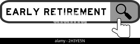 Banner di ricerca in parola pensionamento anticipato con icona lente di ingrandimento mano su sfondo bianco Illustrazione Vettoriale