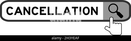 Banner di ricerca in cancellazione di parola con icona lente di ingrandimento mano su sfondo bianco Illustrazione Vettoriale