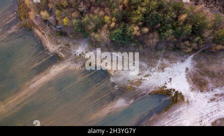 Vista aerea scattata da un drone della riva di un lago forestale. Erba spessa, riflessi nell'acqua, uccelli verdi in lontananza Foto Stock