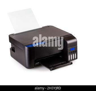 Piccola e compatta stampante con carta su sfondo giallo Foto stock - Alamy
