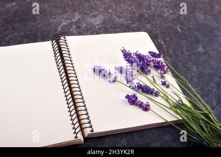 Vista dall'alto di blocco note vuoto aperto e bouquet di lavanda Foto Stock