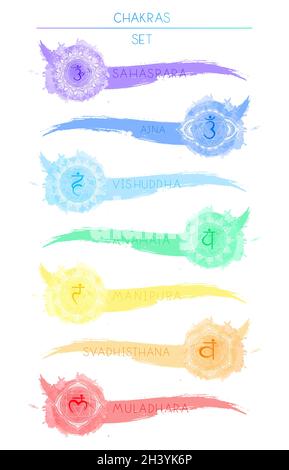 Illustrazione vettoriale di sette simboli chakra e watercolor blot. Immagine a colori su sfondo bianco. Illustrazione Vettoriale