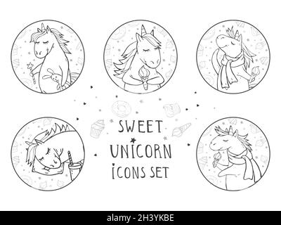 Set vettoriale di icone nere con simpatici unicorni disegnati a mano. Testo - DOLCE sullo sfondo. Per il tuo design. Stile cartoon. Illustrazione Vettoriale