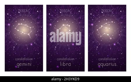 Set di tre carte con costellazioni zodiacali e simbolo geometrico astratto contro il cielo stellato. Collezione degli elementi d'aria: gemini, libra, aquilone Illustrazione Vettoriale