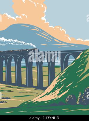 Treno a vapore sulla ferrovia sopra Batty Moss o Ribblehead Viaduct nello Yorkshire Dales National Park Inghilterra UK Art Deco WPA Poster Art Foto Stock