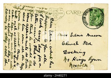 Reverse of original WW1 era cartolina posted 19 Oct 1914 with green King George V 1/2 d (half pence / penny) Stamp, franked. REGNO UNITO Foto Stock