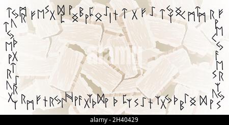 Rune modello etnico. Alfabeto runico, Futhark. Antichi simboli occulti norreno. Cornice di vichinghi neri lettere su sfondo di pietre per scultura simbolo Illustrazione Vettoriale